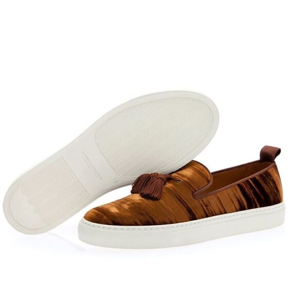 Superglamourous LOUIS Wrinkle Velvet Skate Style Slip On Shoe in Caramel - Picture 3 of 16